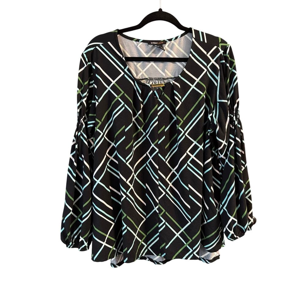 Robert Louis Women's Plus Size Black Abstract Line Long Sleeve Blouse Size 3X